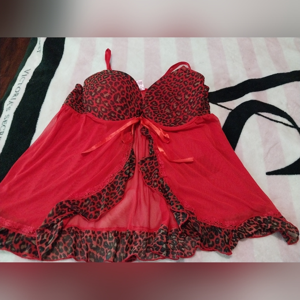 Red Chemise with Black Lace Trim and Push-Up Cups
